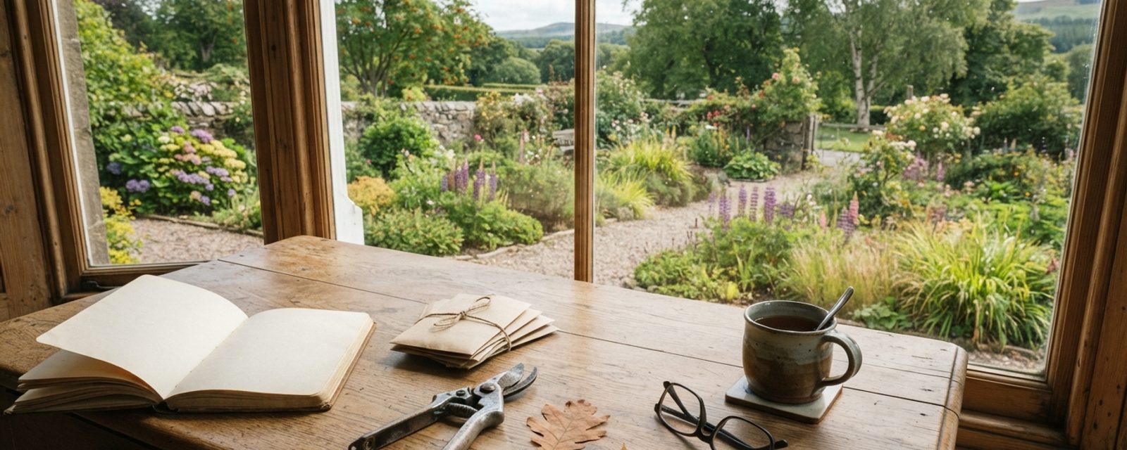 A rustic wooden desk by a window overlooking a Scottish garden, with an open notebook, seed packets, reading glasses and secateurs