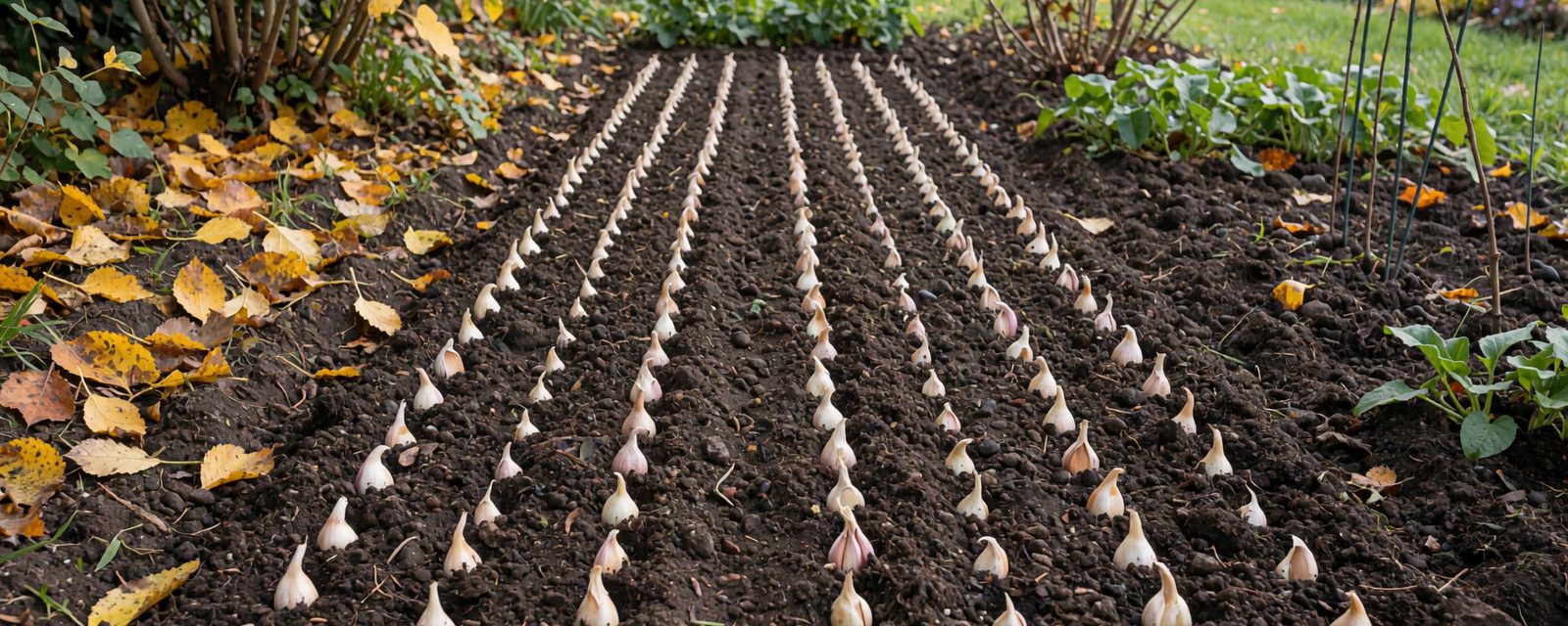 Neat rows of garlic cloves freshly planted in dark soil in an autumn garden
