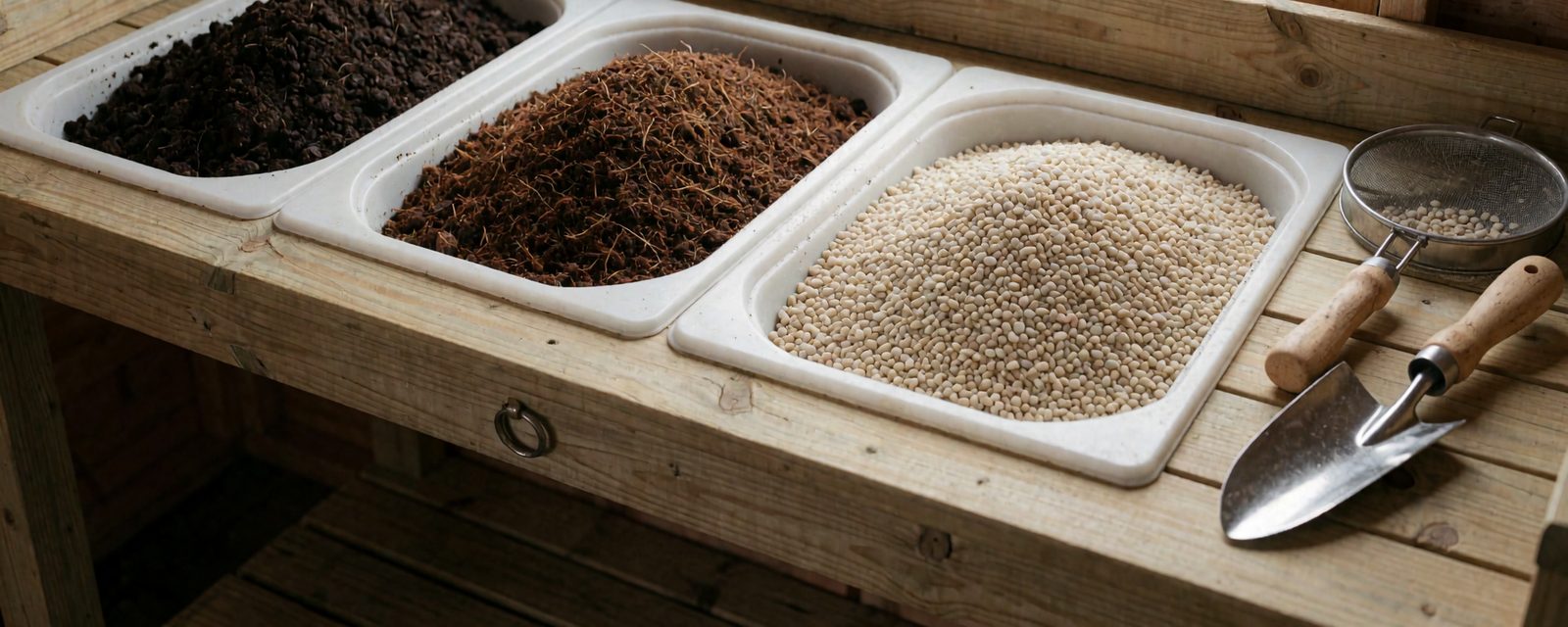 A potting bench with separate tubs of loam, coir compost and pale grit