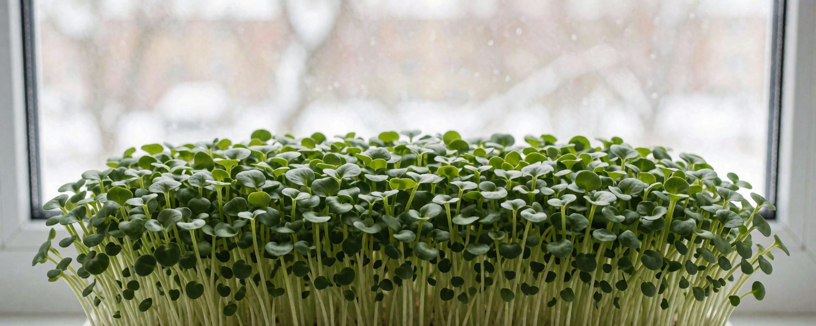 A dense tray of green radish microgreens on a bright windowsill in winter
