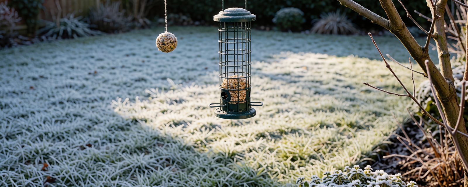 A wire bird feeder with a fat ball hanging from a bare branch on a frosty morning