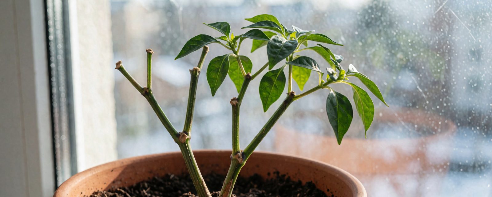 A cut-back chilli plant in a terracotta pot on a bright indoor windowsill in winter