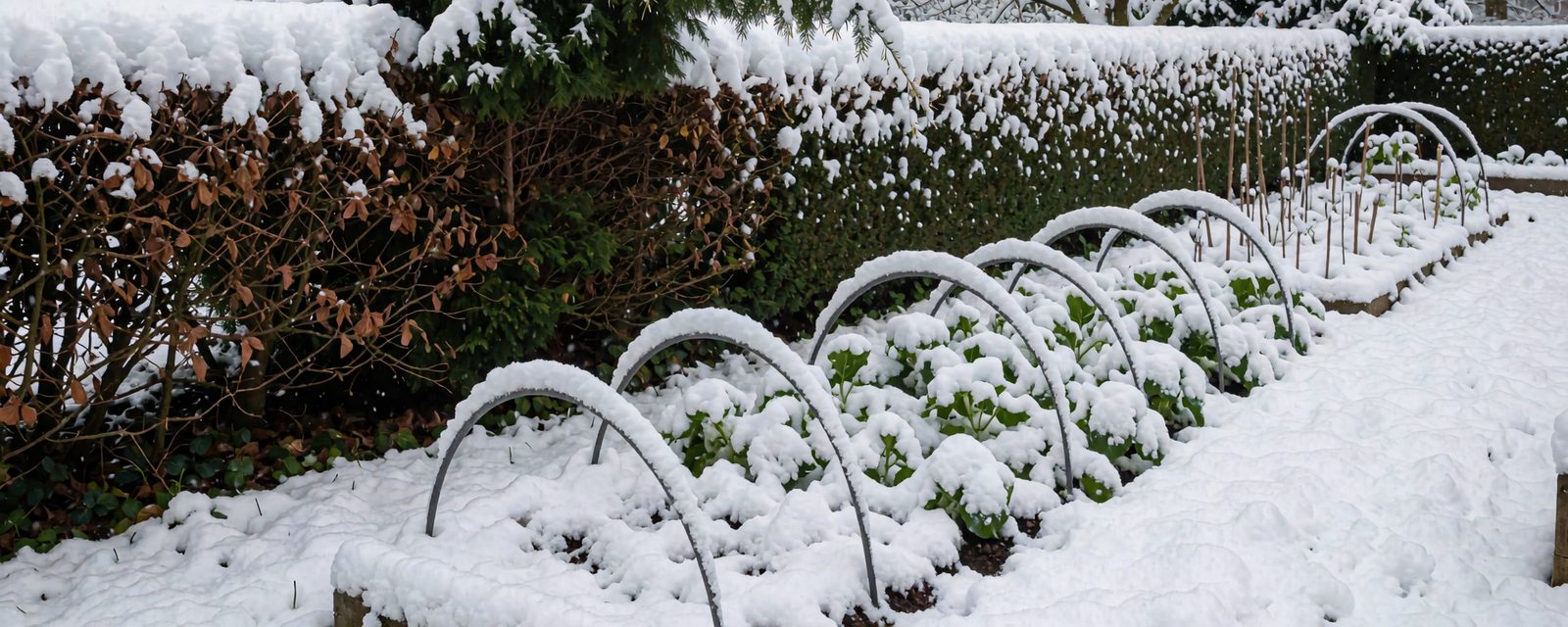 A Scottish garden after heavy snowfall, a hedge with a thick white cap and hooped tunnels over a vegetable bed