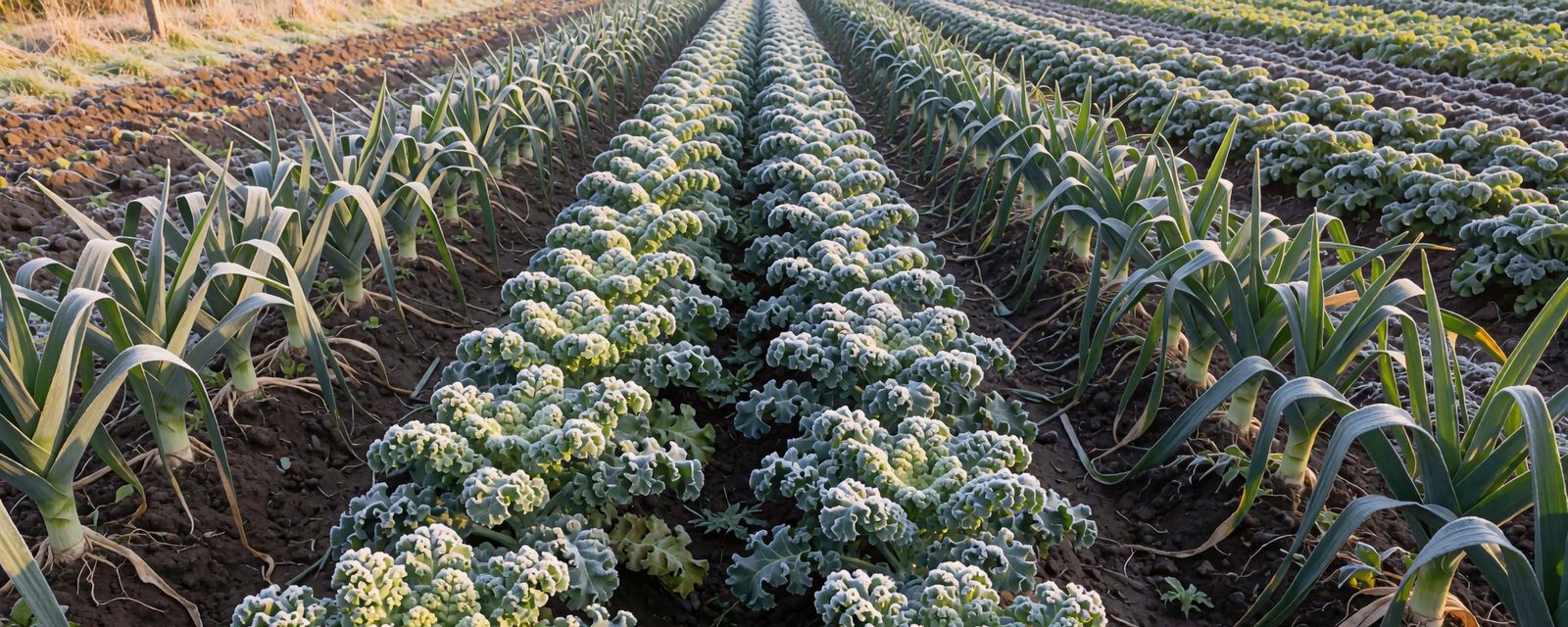 Rows of frosted curly kale beside leeks in a winter vegetable plot