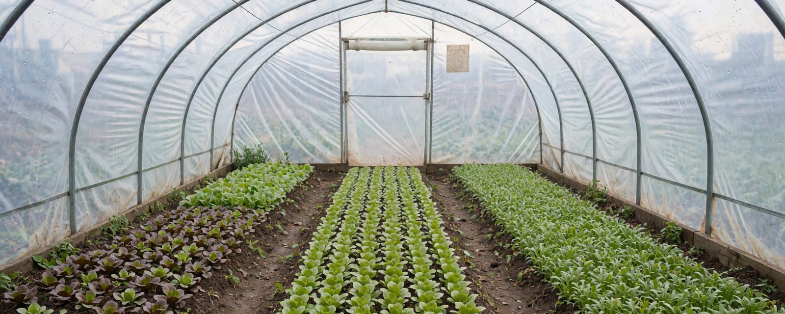Rows of small salad leaves growing inside a polytunnel in winter