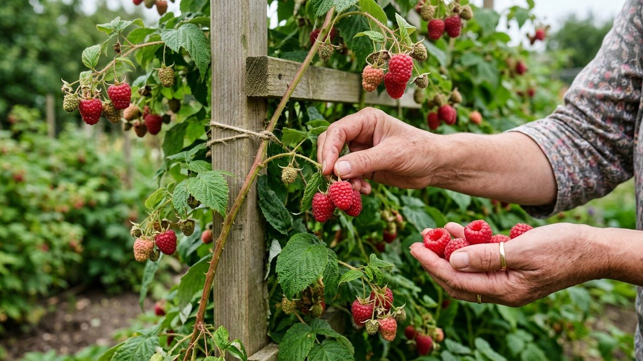 Ripe red raspberries on the cane in a Scottish fruit garden