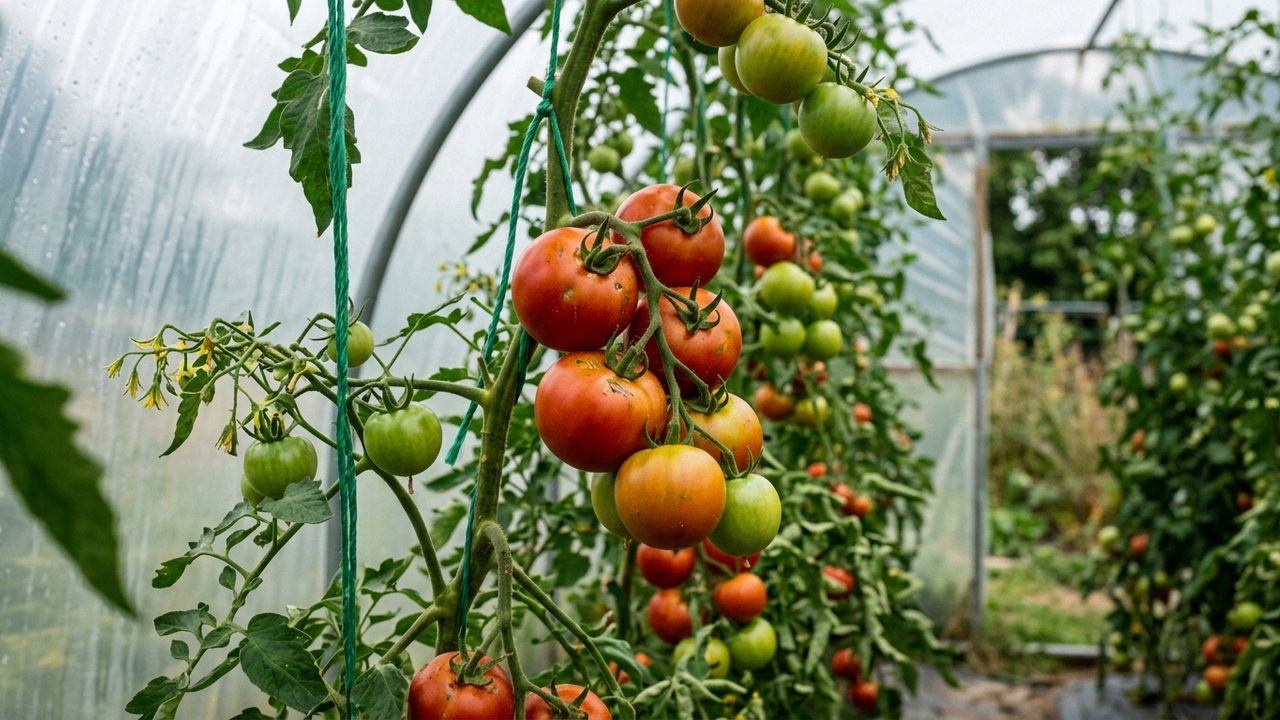 Ripe tomatoes on the vine, grown under cover in Scotland