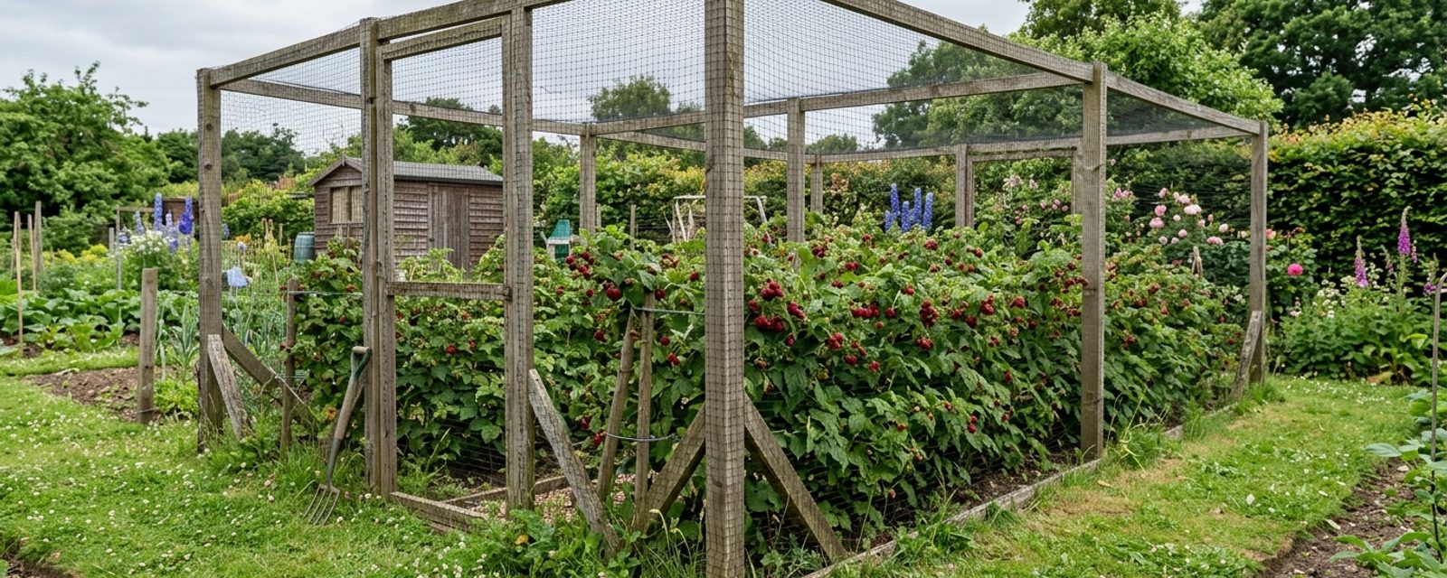 A netted fruit cage in a Scottish garden with raspberry canes heavy with ripe fruit