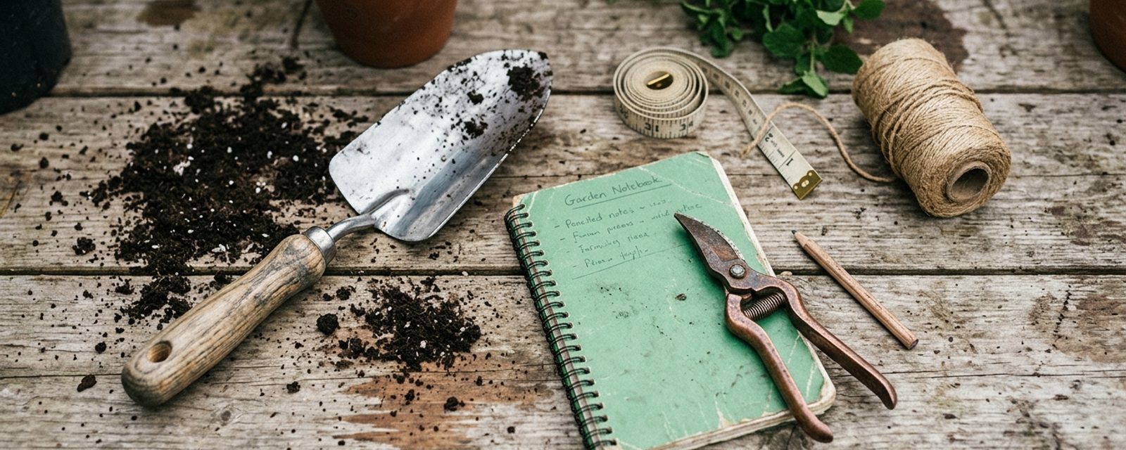 Practical garden tools laid out on a potting bench: a trowel, notebook, measuring tape and twine