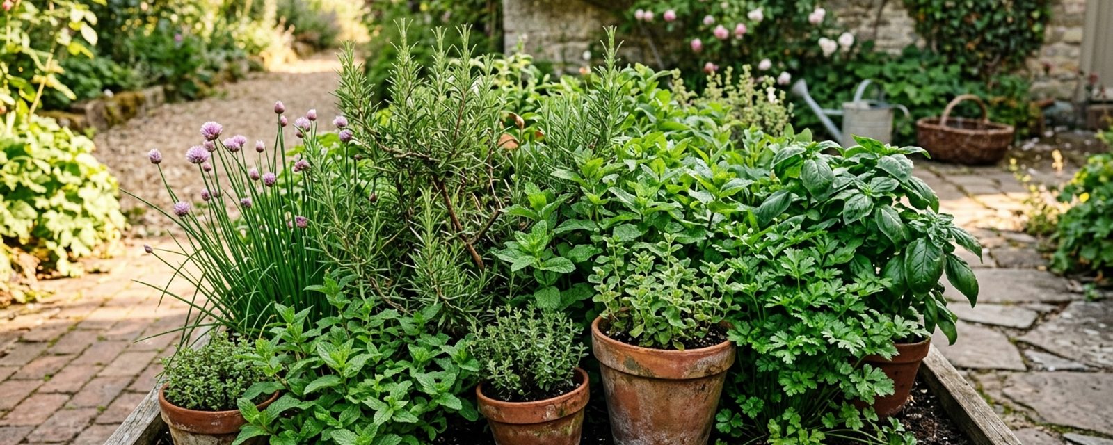 A herb bed in a Scottish garden with rosemary, mint, chives, parsley and basil planted together