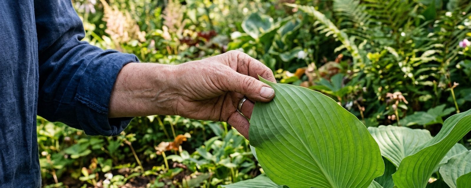 A gardener checking the underside of a leaf for pest damage