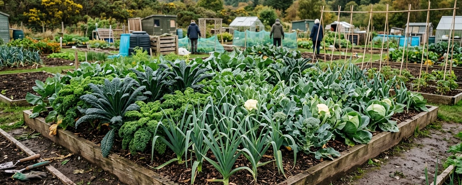 A mixed vegetable plot in a Scottish garden, with kale, leeks and brassicas growing in raised beds