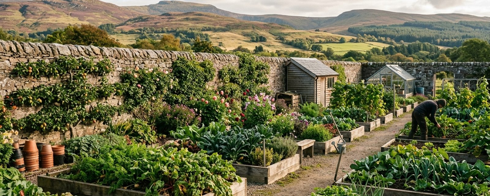 A walled Scottish kitchen garden with raised vegetable beds and rolling hills beyond