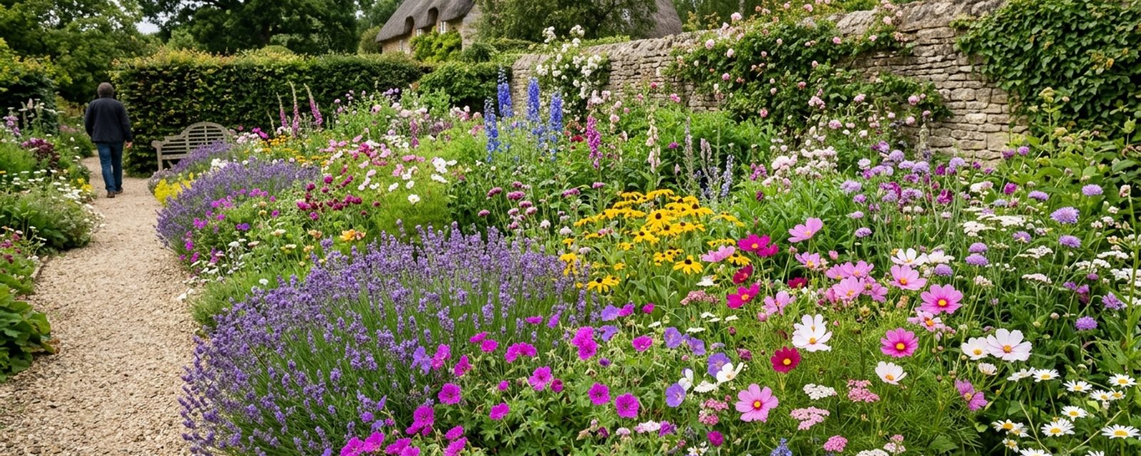 A flowering garden border planted to attract pollinators and beneficial insects