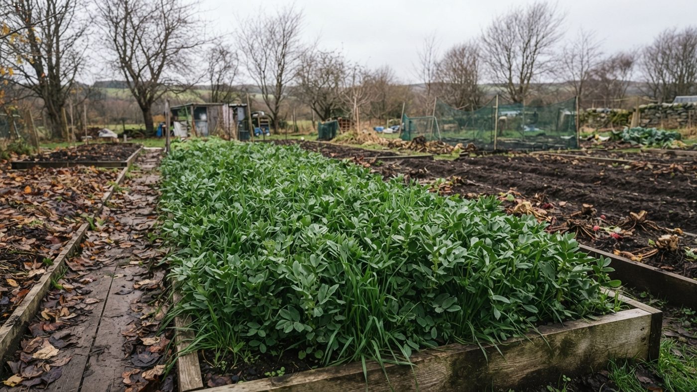 A vegetable bed densely covered with a low green overwintering green manure crop in a Scottish garden in late autumn