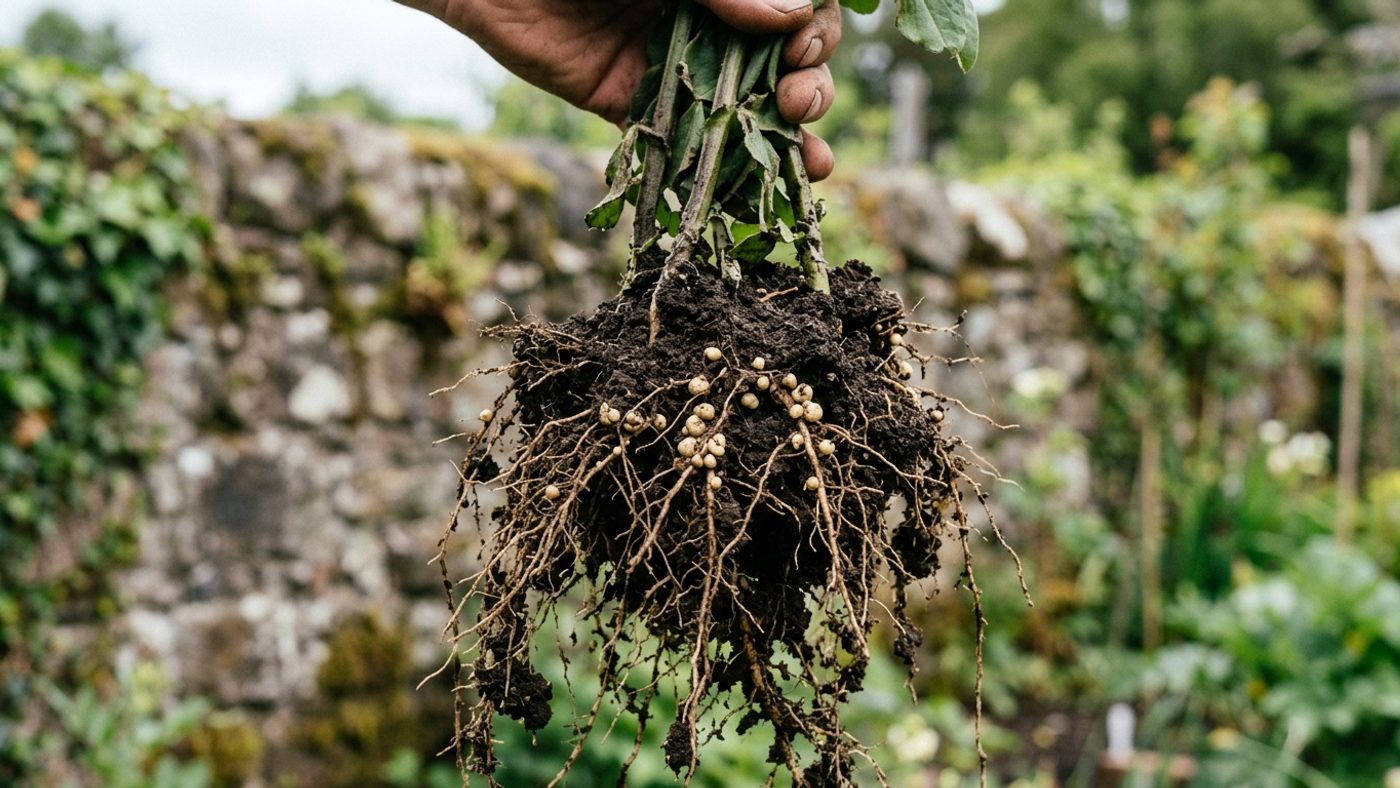 A pulled bean plant with its roots lifted from the soil, showing small round nitrogen-fixing nodules clustered along the roots