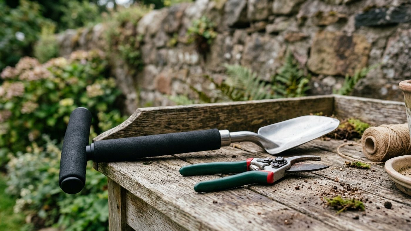 A long-handled trowel with a wide padded T-bar handle laid on a potting bench next to a pair of cut-and-hold secateurs