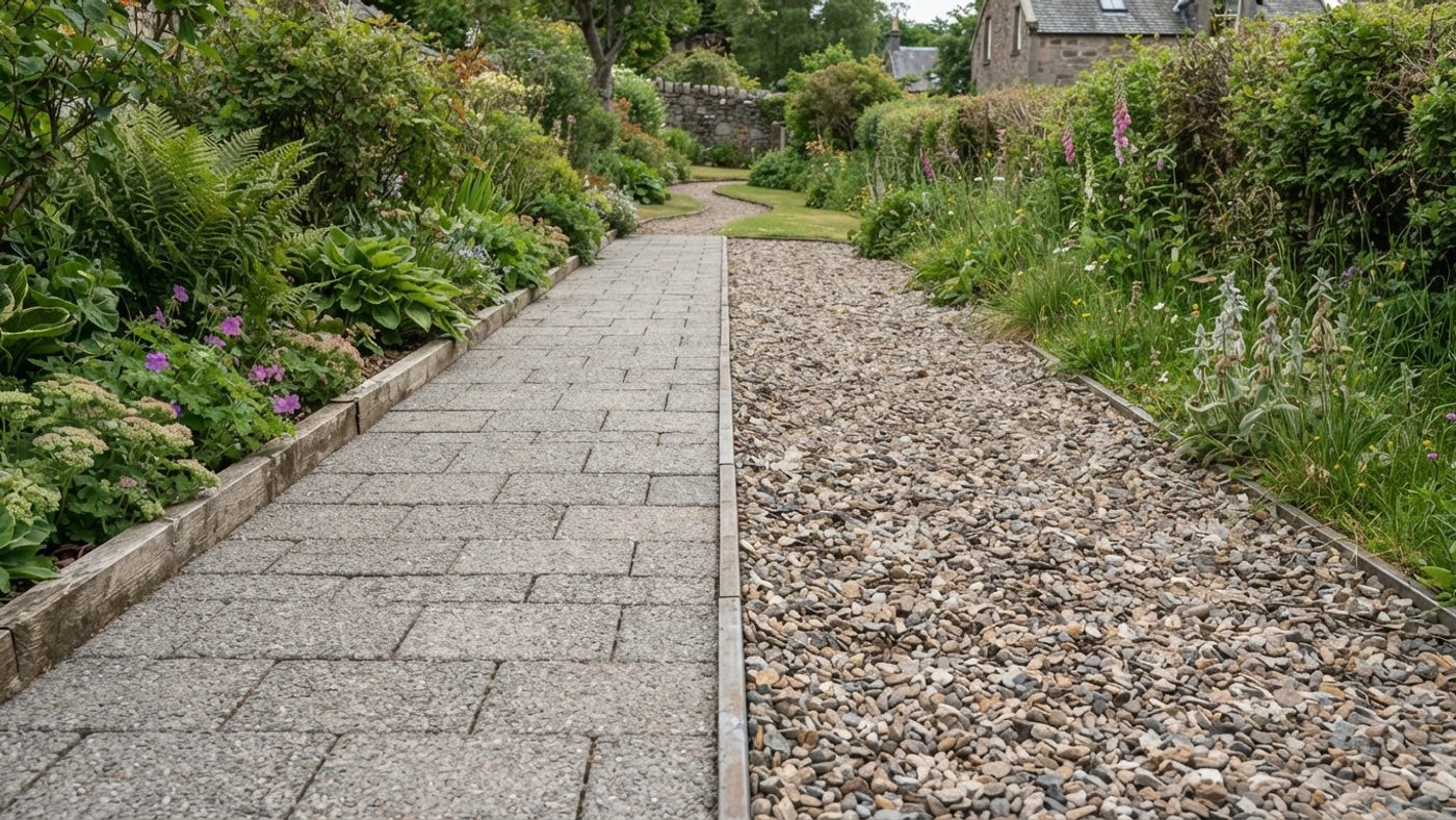 A firm, textured paved path next to a stretch of loose, uneven gravel path in the same Scottish garden