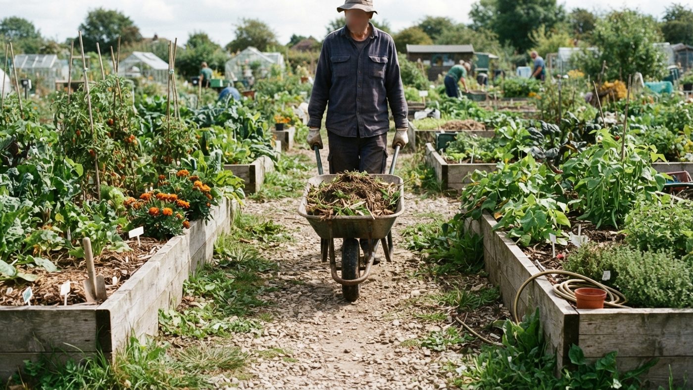 A wheelbarrow moving along a wide gravel path between two allotment beds