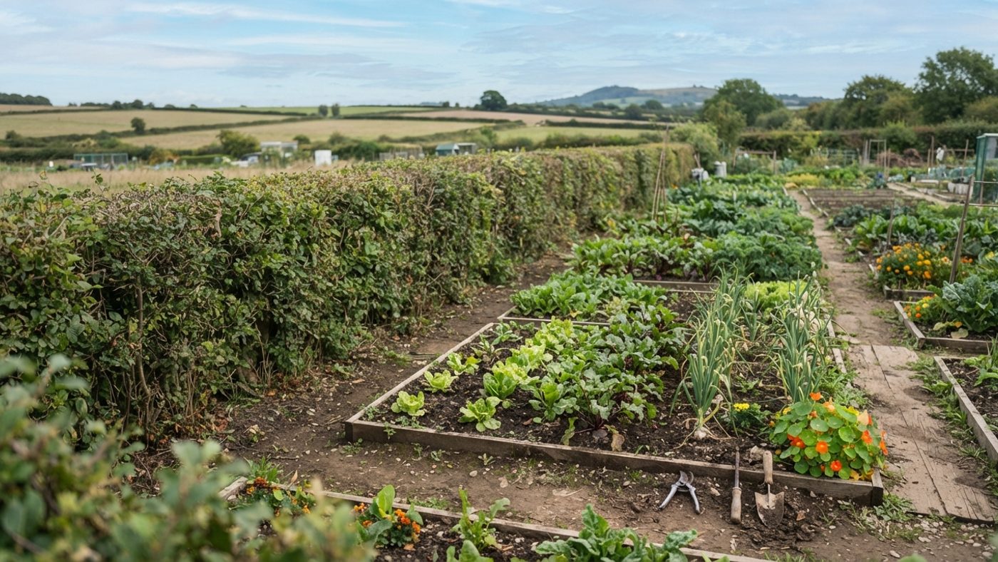 A low hedge or fence windbreak along the edge of an exposed allotment plot
