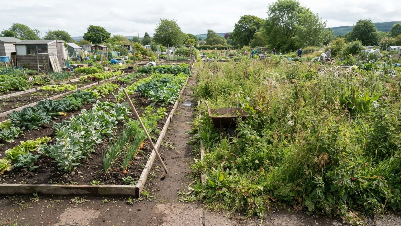 A neatly cultivated allotment plot with rows of vegetables next to a neglected, overgrown plot thick with weeds