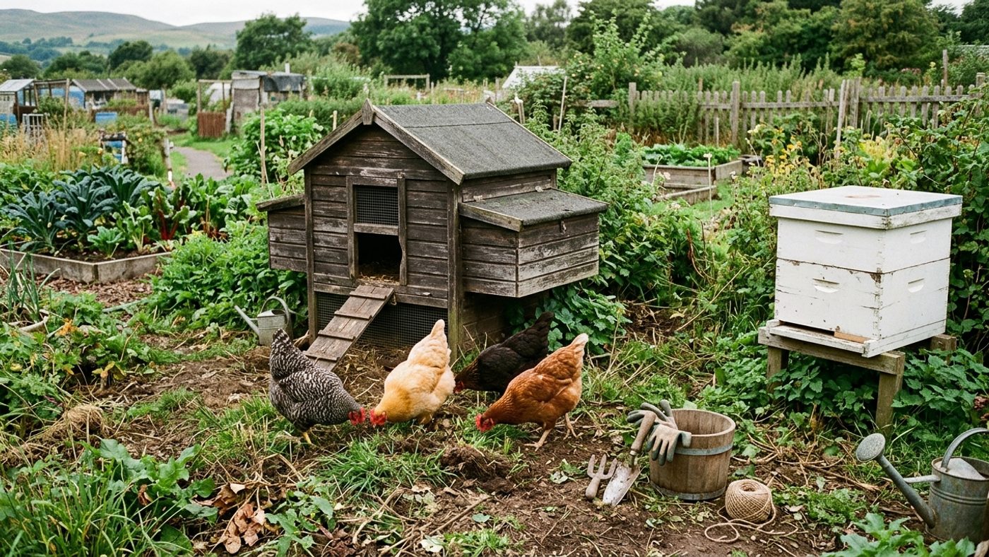 A small hen coop with a few hens and a white beehive sited at the edge of an allotment plot
