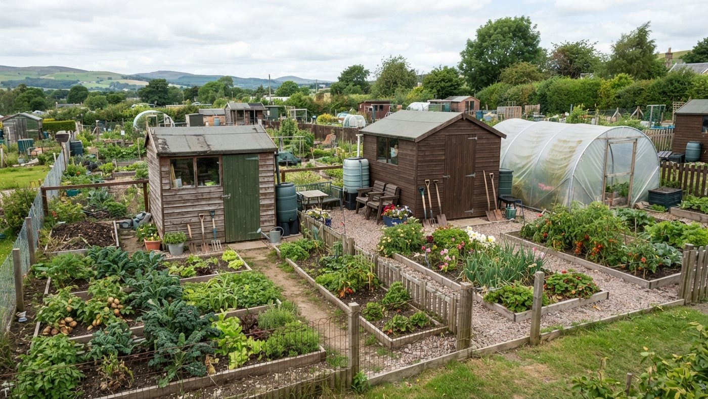 A small allotment plot with a compact wooden shed next to a larger plot with a bigger shed and a polytunnel