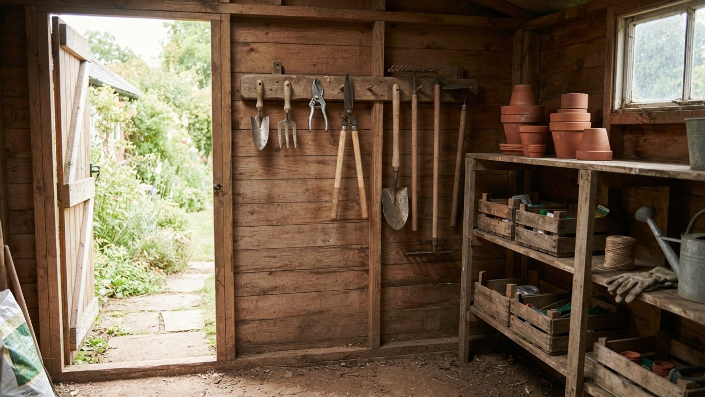 The organised interior of a garden shed with tools hung on a wall rack
