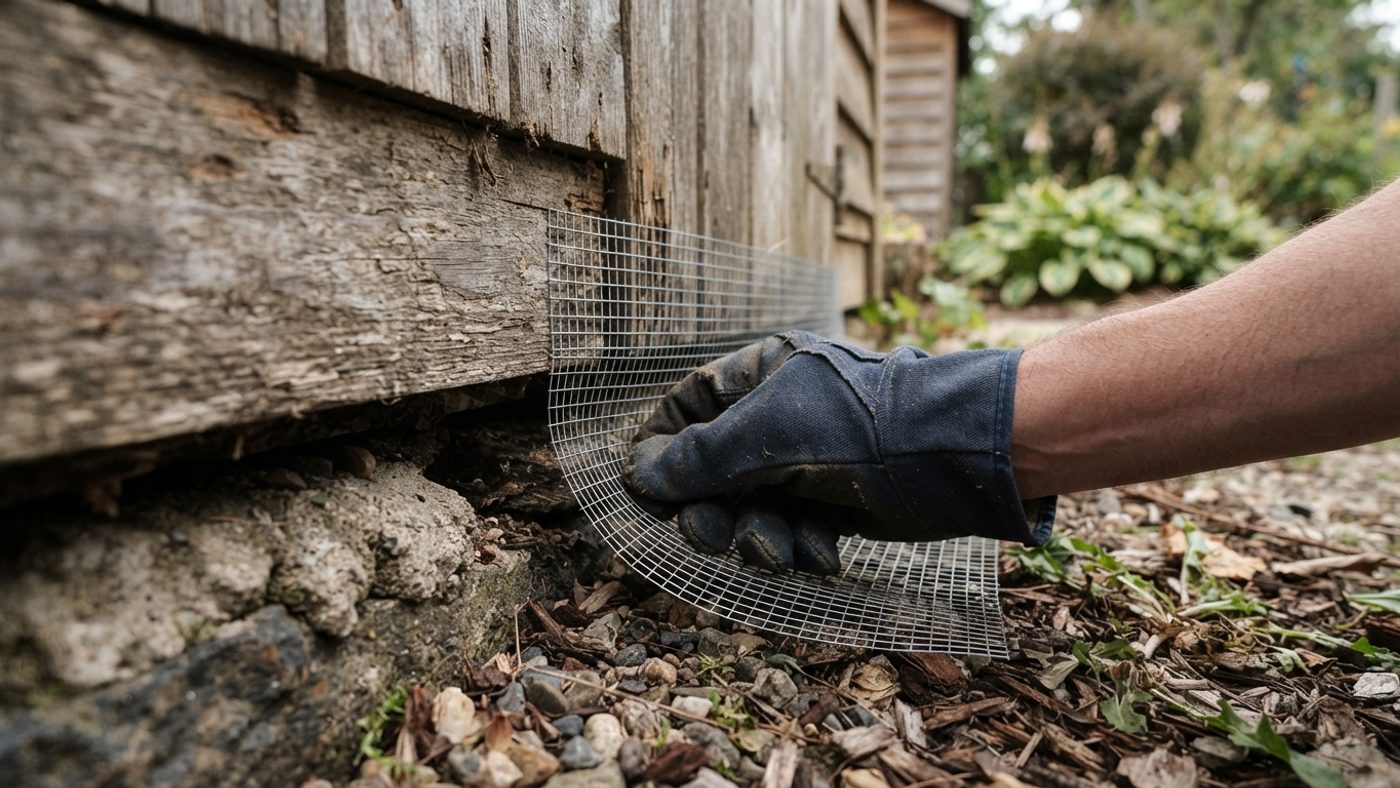 A hand pressing wire mesh into a gap at the base of a shed wall to keep mice out