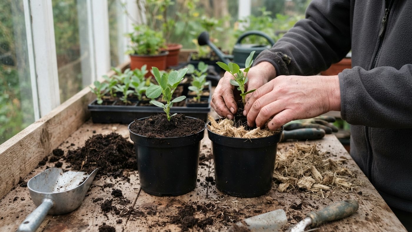 Hands potting broad bean seedlings into two identical test pots side by side for a growth comparison test