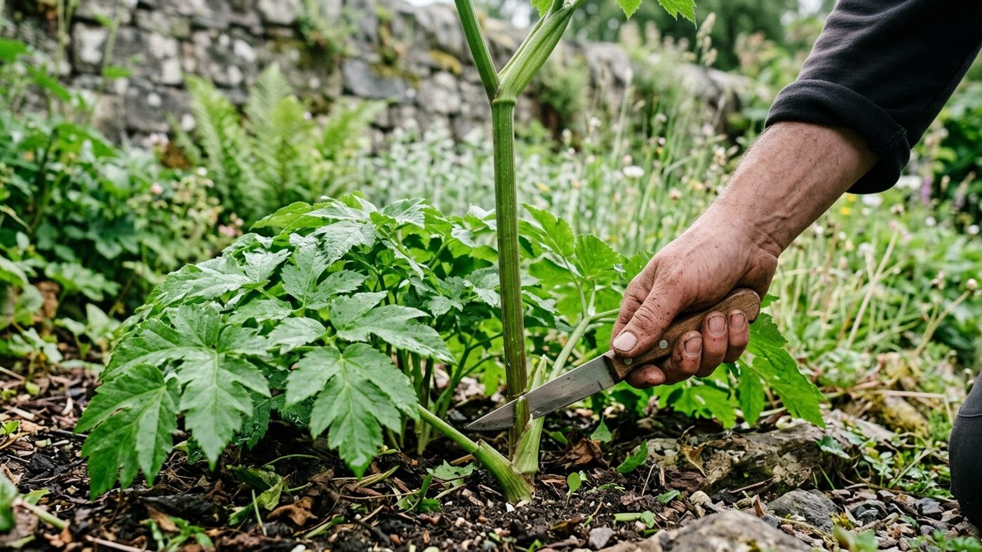 A hand cutting a young, tender angelica stem in late spring, before flower stalks have formed