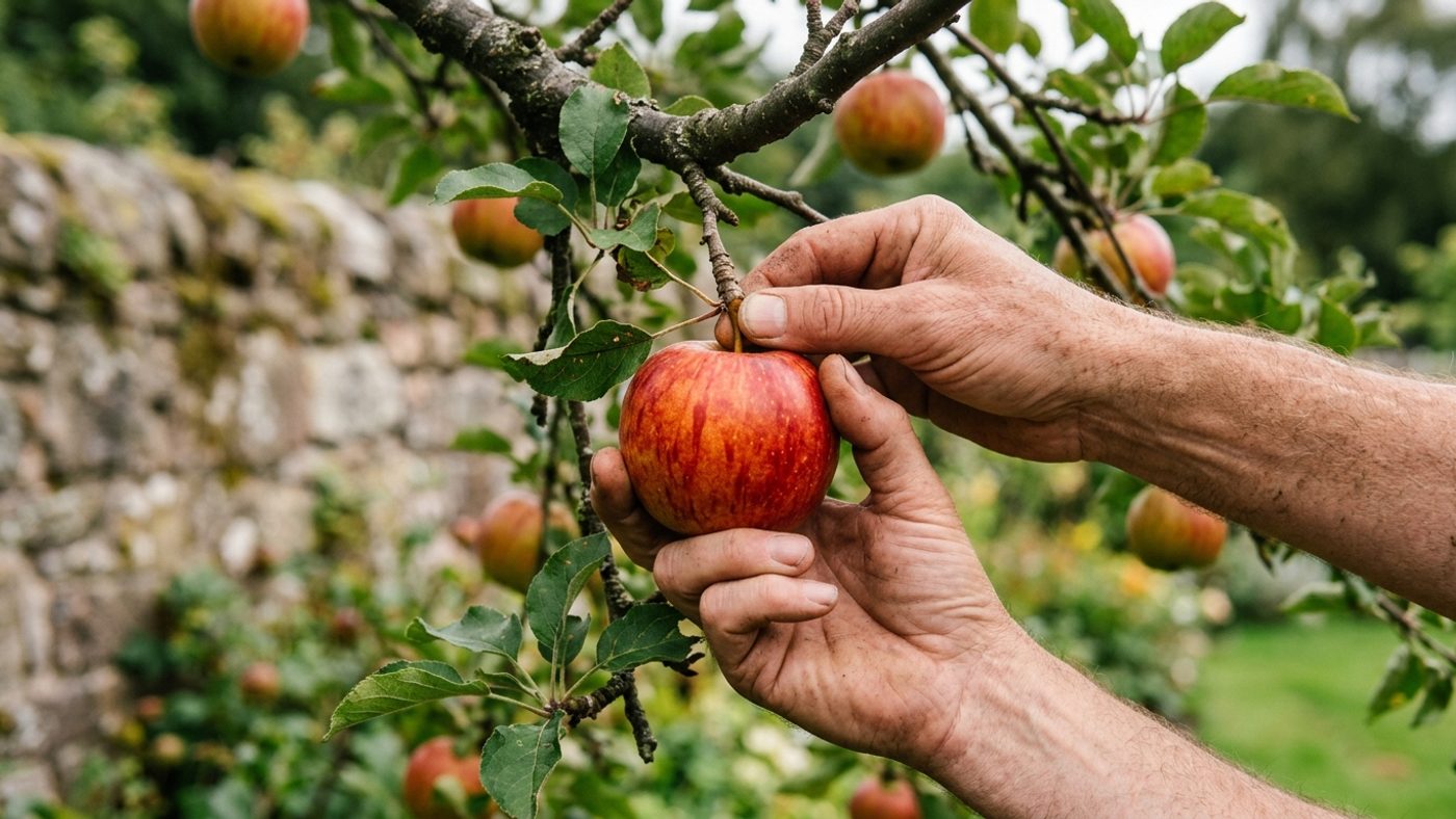 A hand cupping a ripe red apple and giving it a gentle twist to lift it free with the stalk intact