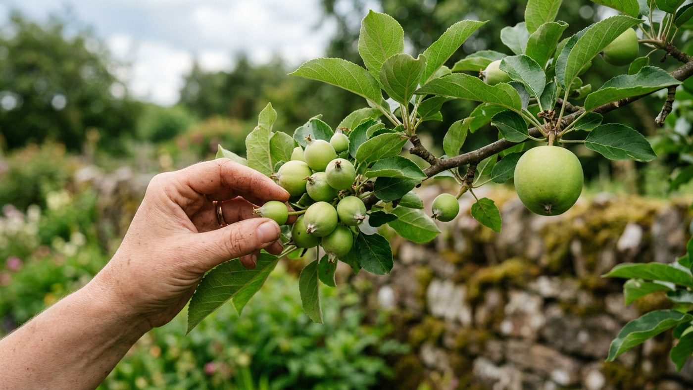 A hand thinning apple fruit clusters down to one or two per spur after the June drop