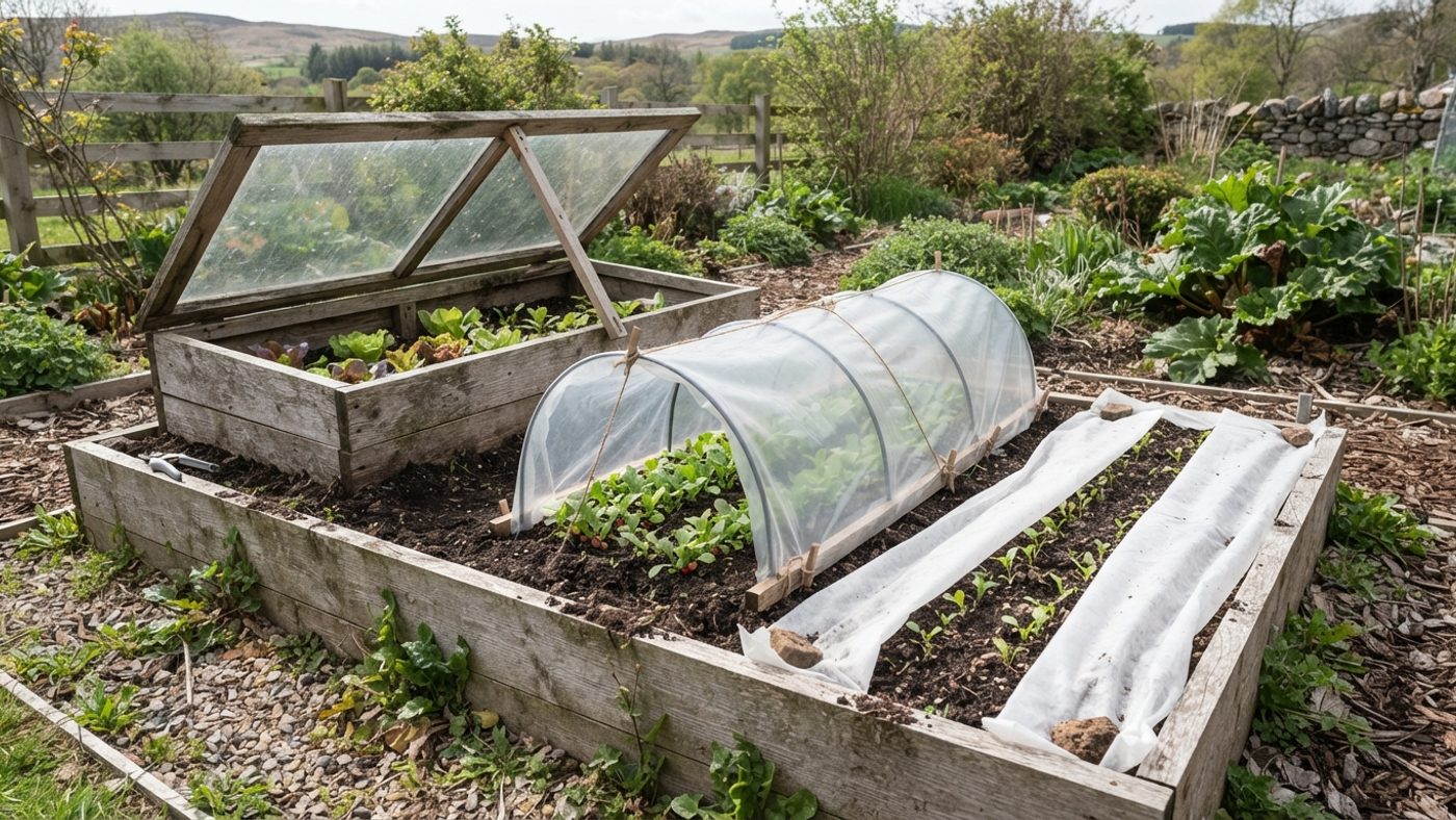 A cold frame, a row cloche and a fleece-covered bed shown together in the same garden as lower-cost alternatives to a full structure