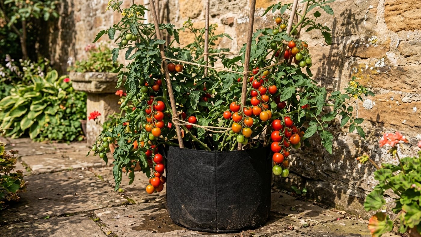 Tomato plants growing in a growbag against a sunny, sheltered south-facing wall with no structure at all