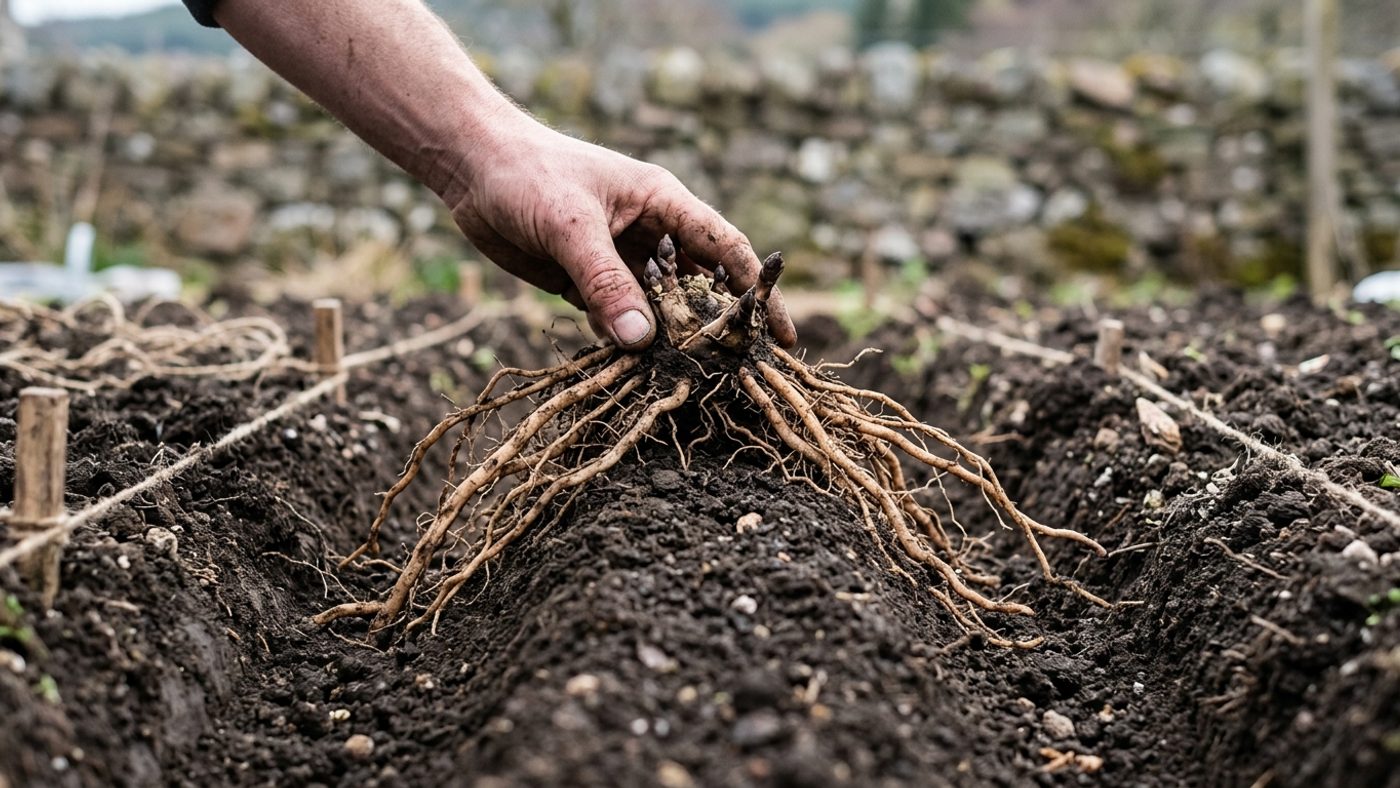 An asparagus crown set on top of a mound of soil in a trench, its roots spread evenly down the sides