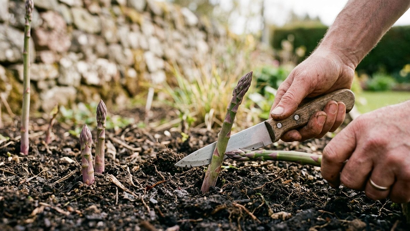 A knife cutting an asparagus spear about 2.5cm below the soil surface once it reaches finger thickness