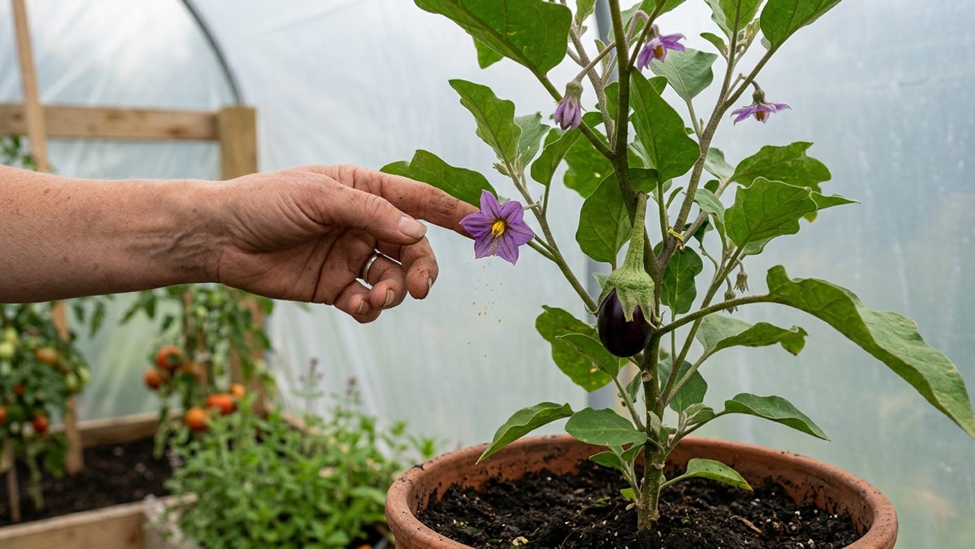 A hand gently tapping an aubergine flower to release pollen when insect access is limited