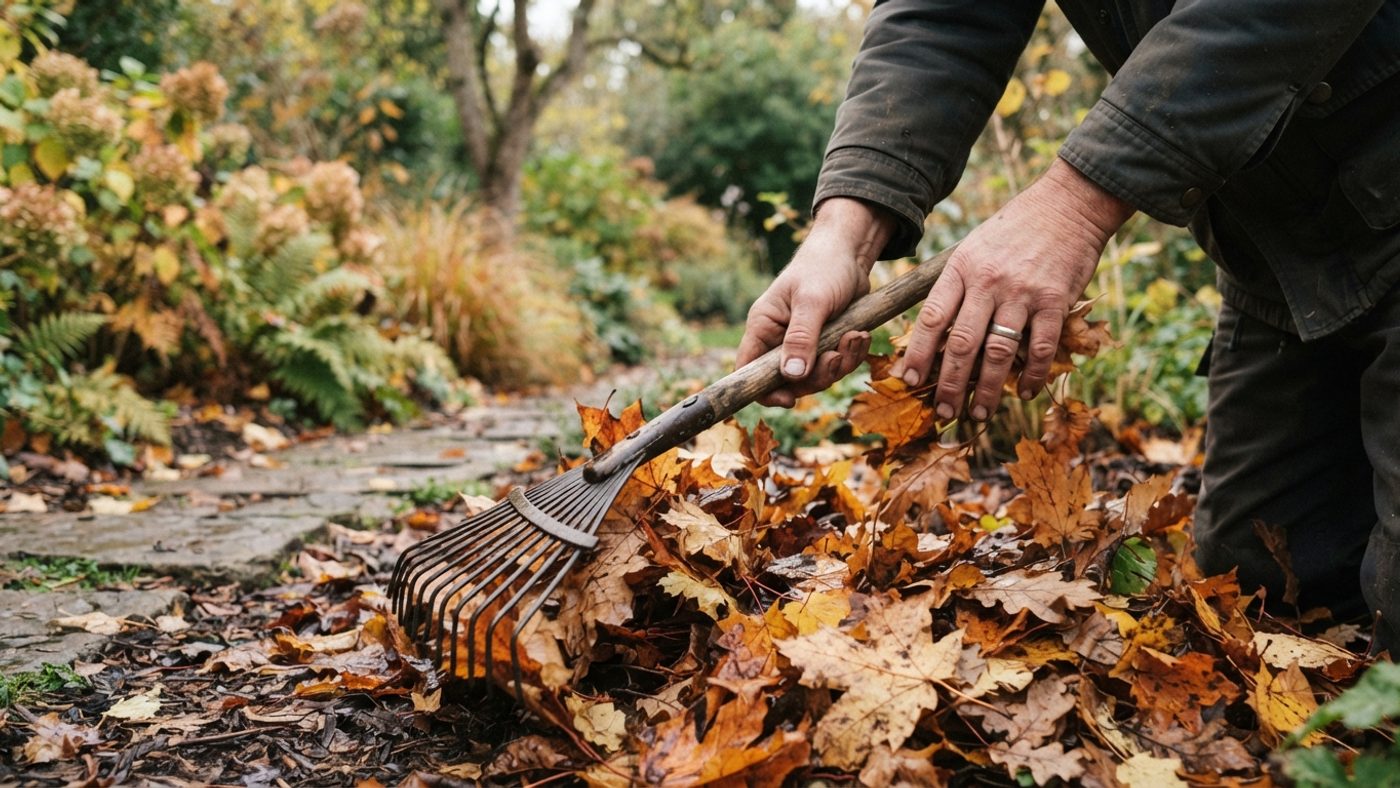 Hands raking fallen leaves into a loose pile in a garden corner