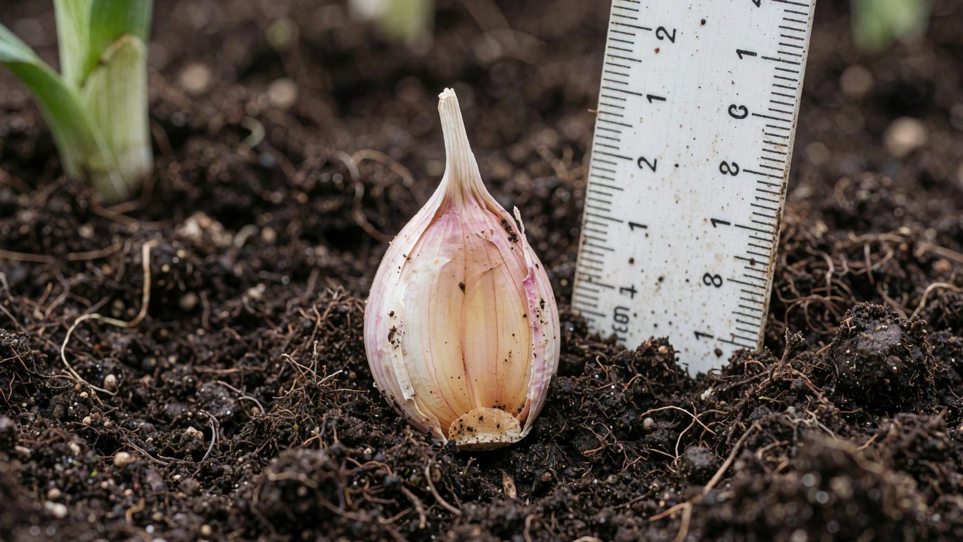 A single garlic clove planted pointed end up with the tip just below the soil surface, a ruler beside it