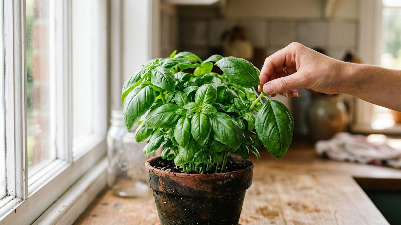 A hand picking a few large outer leaves from a bushy basil plant on a windowsill