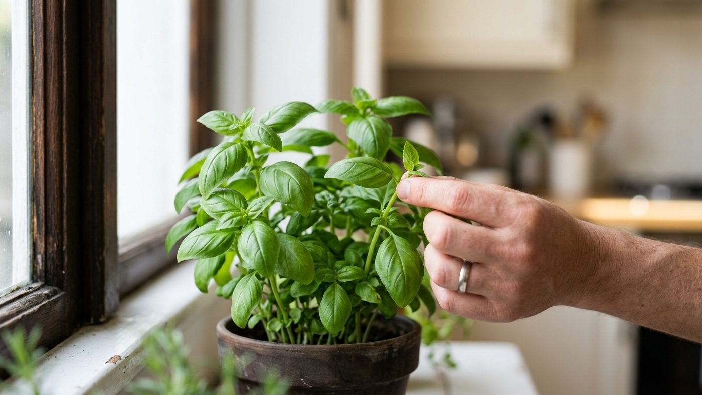 Fingers pinching out the growing tip of a basil plant just above a pair of leaves, on a sunny windowsill