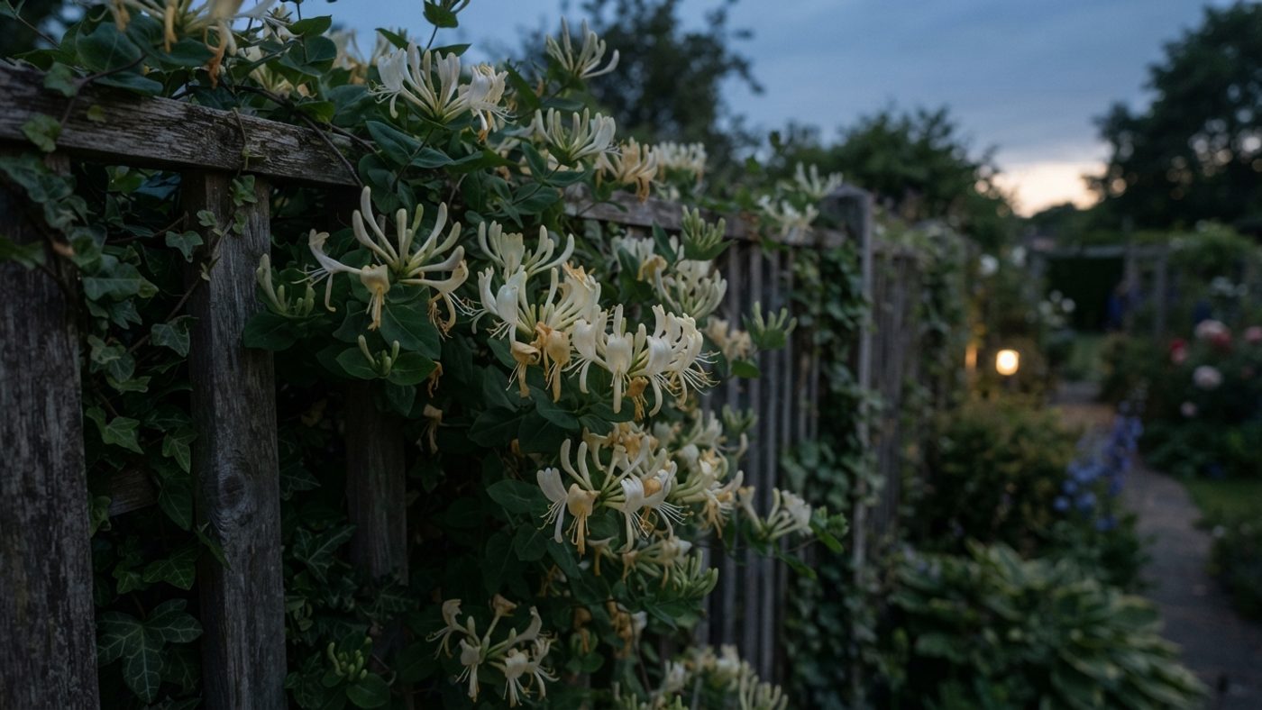 Pale, night-scented honeysuckle flowers climbing a garden fence at dusk