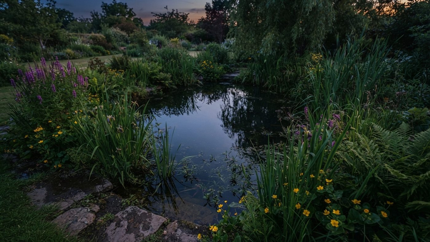 A small wildlife garden pond at dusk with still water reflecting the sky