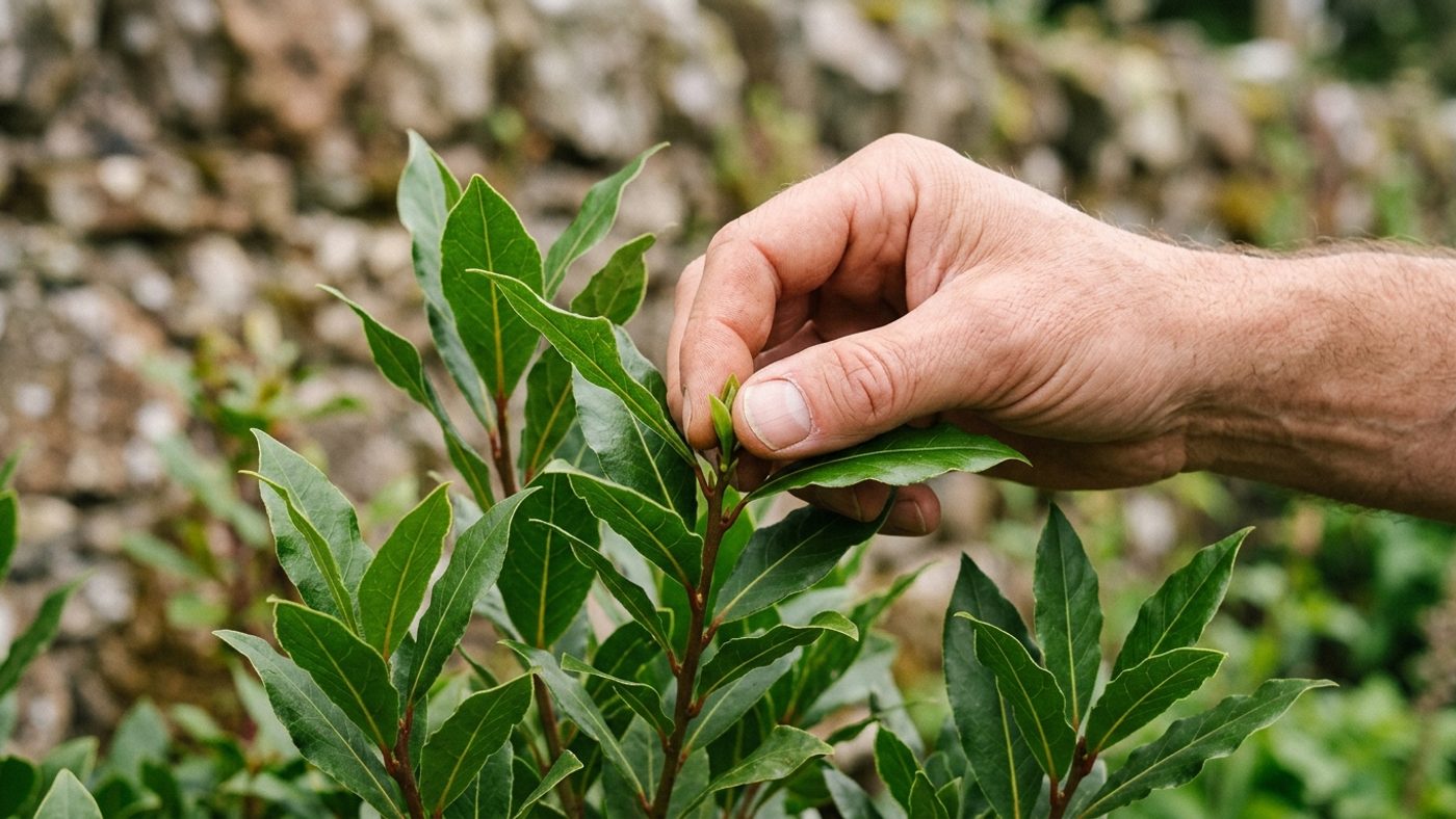 A bare hand pinching out a small soft growing tip on a young bay plant to encourage a bushy shape