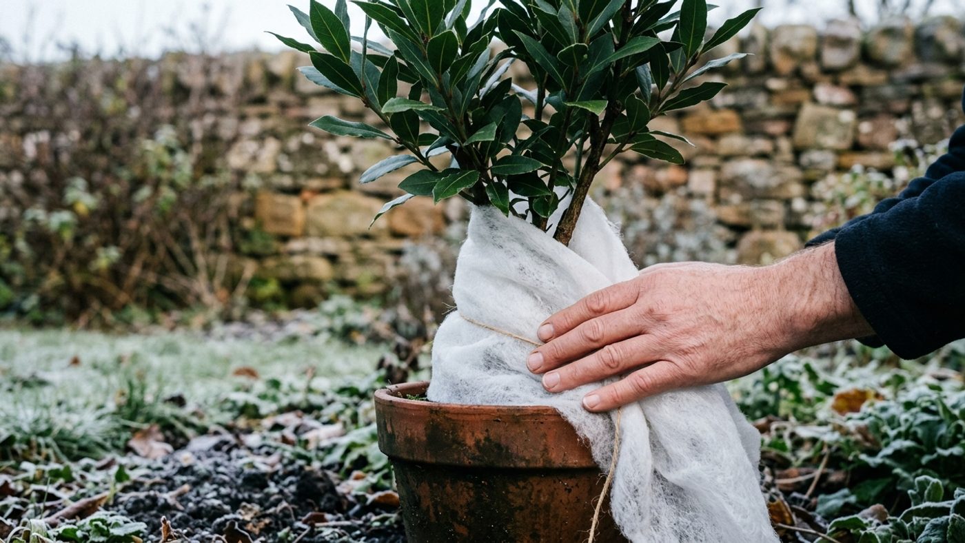 A bare hand wrapping horticultural fleece around a bay tree in a terracotta pot for winter protection