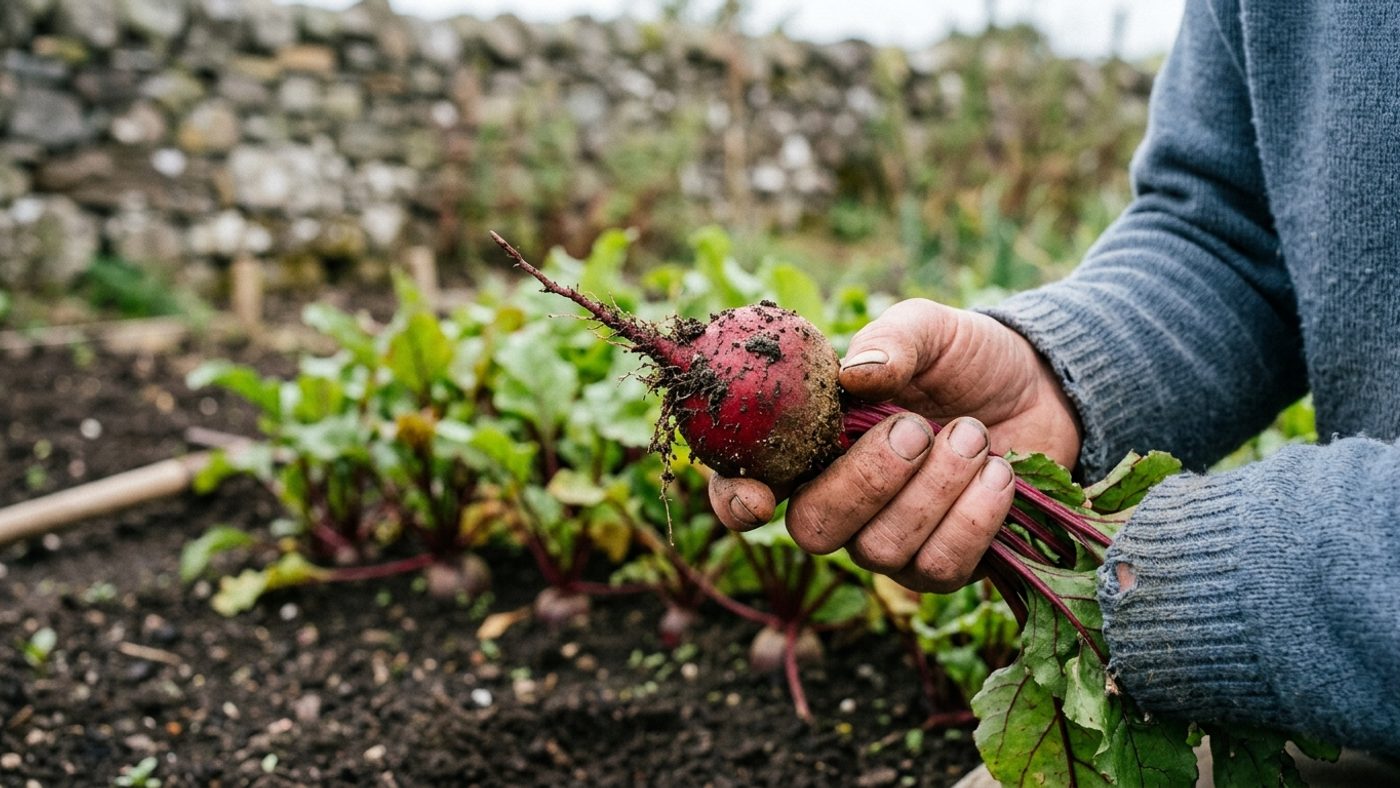 A hand holding a freshly pulled beetroot about the size of a golf ball, with smaller roots still growing in the row behind