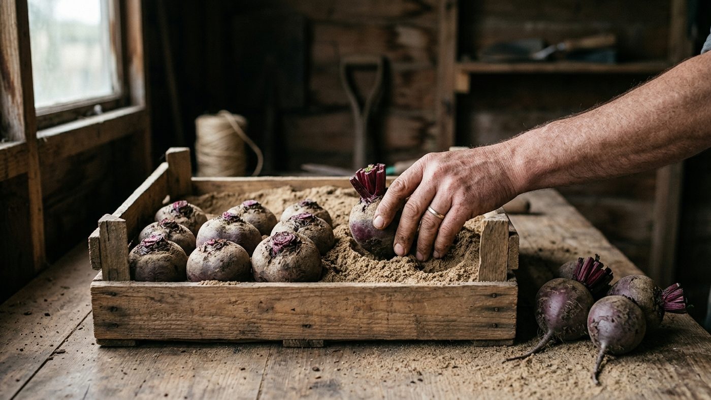 Beetroot roots with leaves trimmed off being packed into a wooden crate of dry sand for winter storage