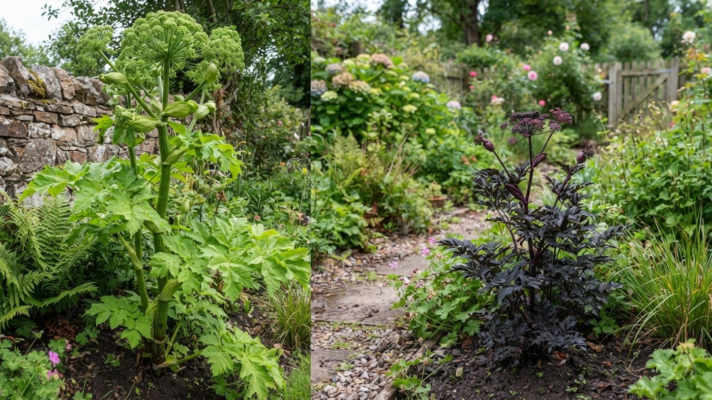 A tall angelica plant with green foliage next to a much shorter, compact angelica plant with near-black leaves