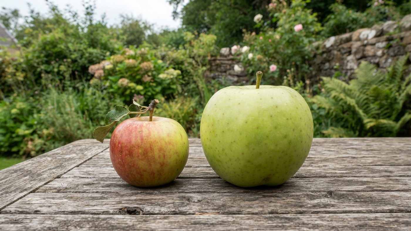 A smaller red-flushed dessert apple next to a larger pale green culinary apple